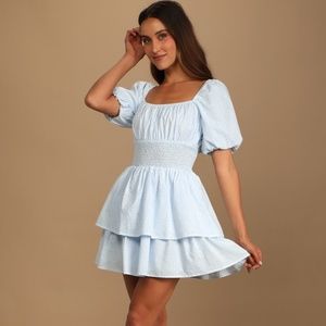 Lulu's Tiers To Me Light Blue Puff Sleeve Tiered Skater Mini Dress